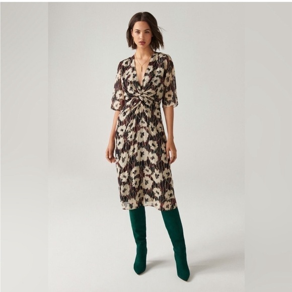 ba&sh Kaz Ecru Metallic Floral Print Midi Dress - Picture 1 of 6